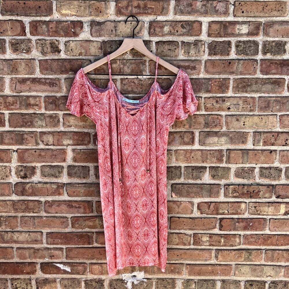 Burnt Orange Boho Cold Shoulder Tie Front Mini Dress